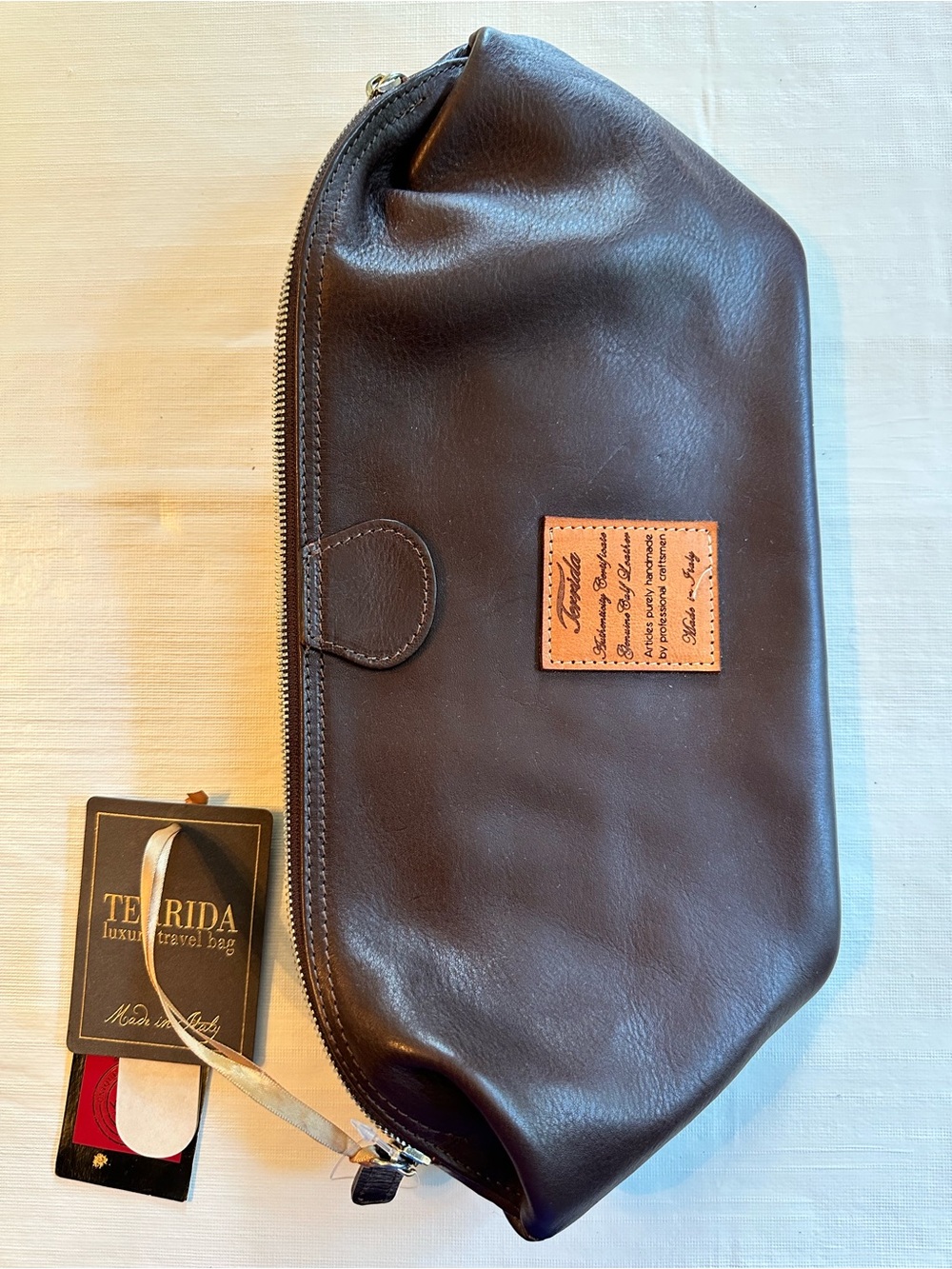 Terrida Genuine Calf Leather Toiletry Travel Bag Made in Italy Brown Zip Top NWT - Picture 7 of 14